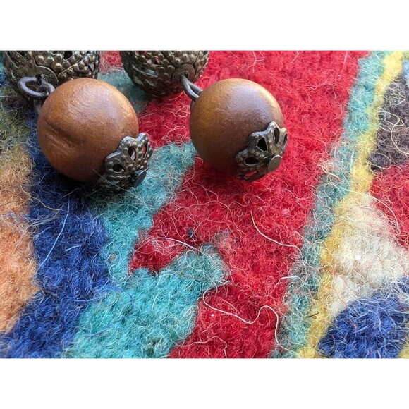 Vintage Wood Bead Dangle Earrings - Picture 5 of 8
